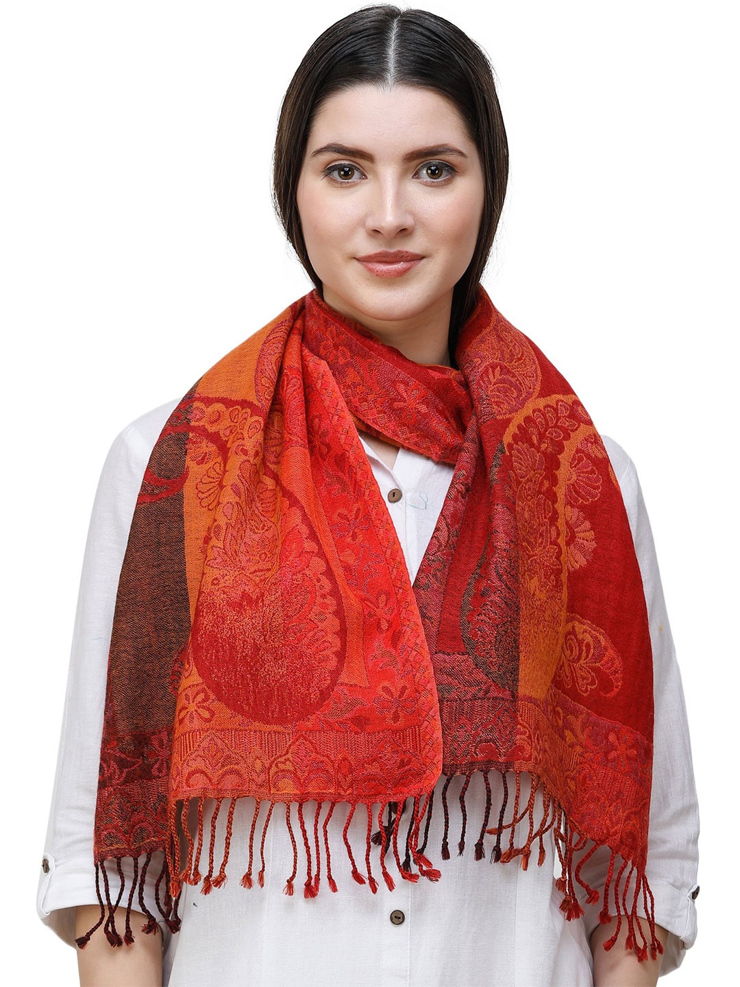 

Exotic India Grenadine Pure Wool Reversible Jamawar Scarf with Woven Paisleys, Maroon