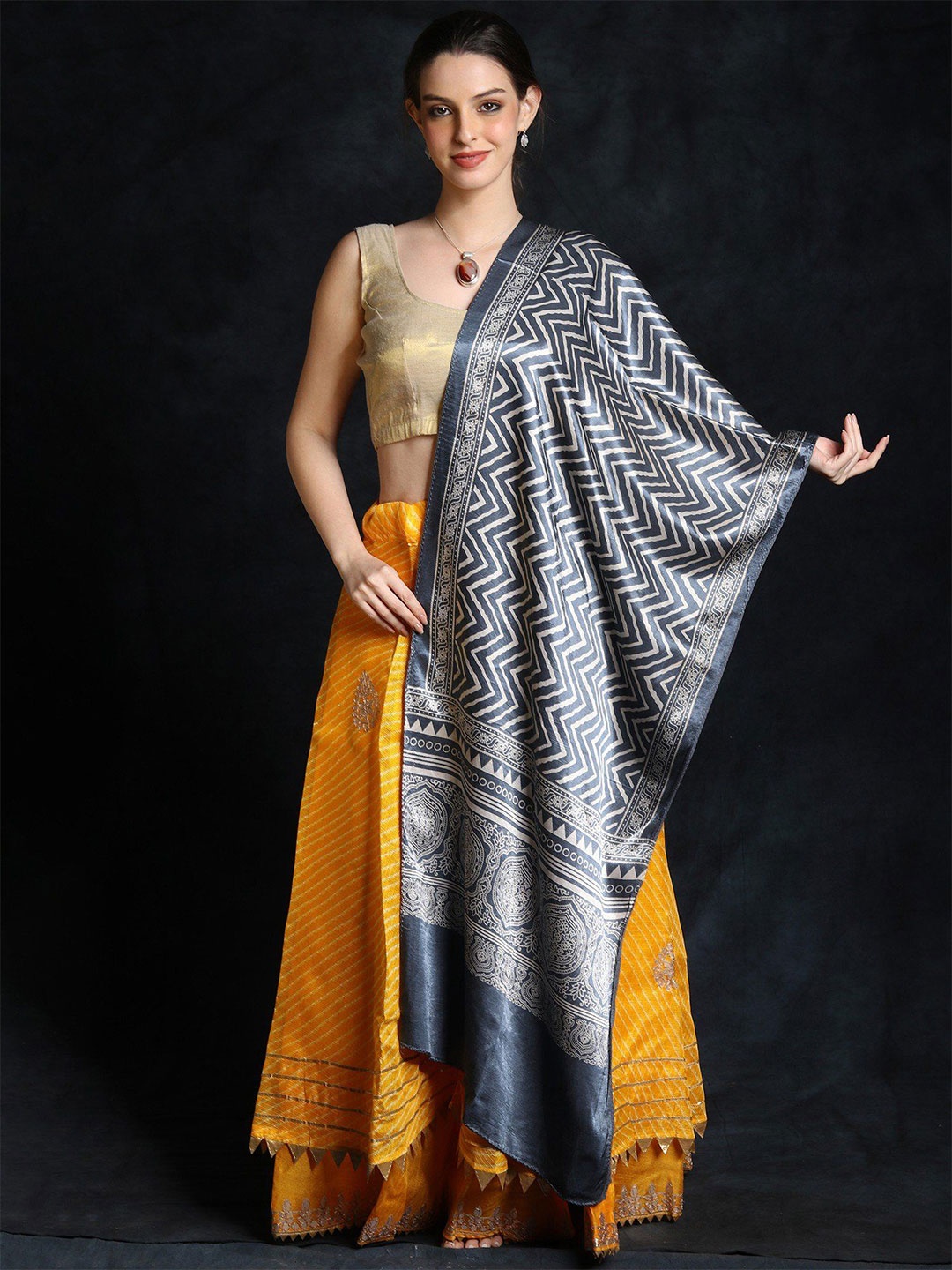 

Exotic India China Blue Satin Chevron Pattern Printed Scarf