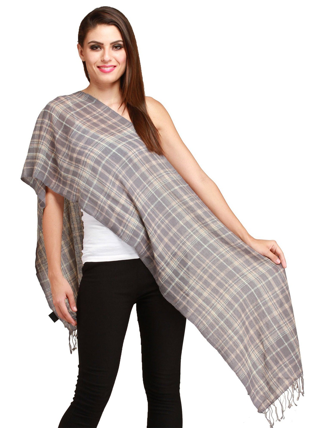 

Exotic India Wild-Dove Woven Checks Pure Cashmere Wool Scarf, Grey