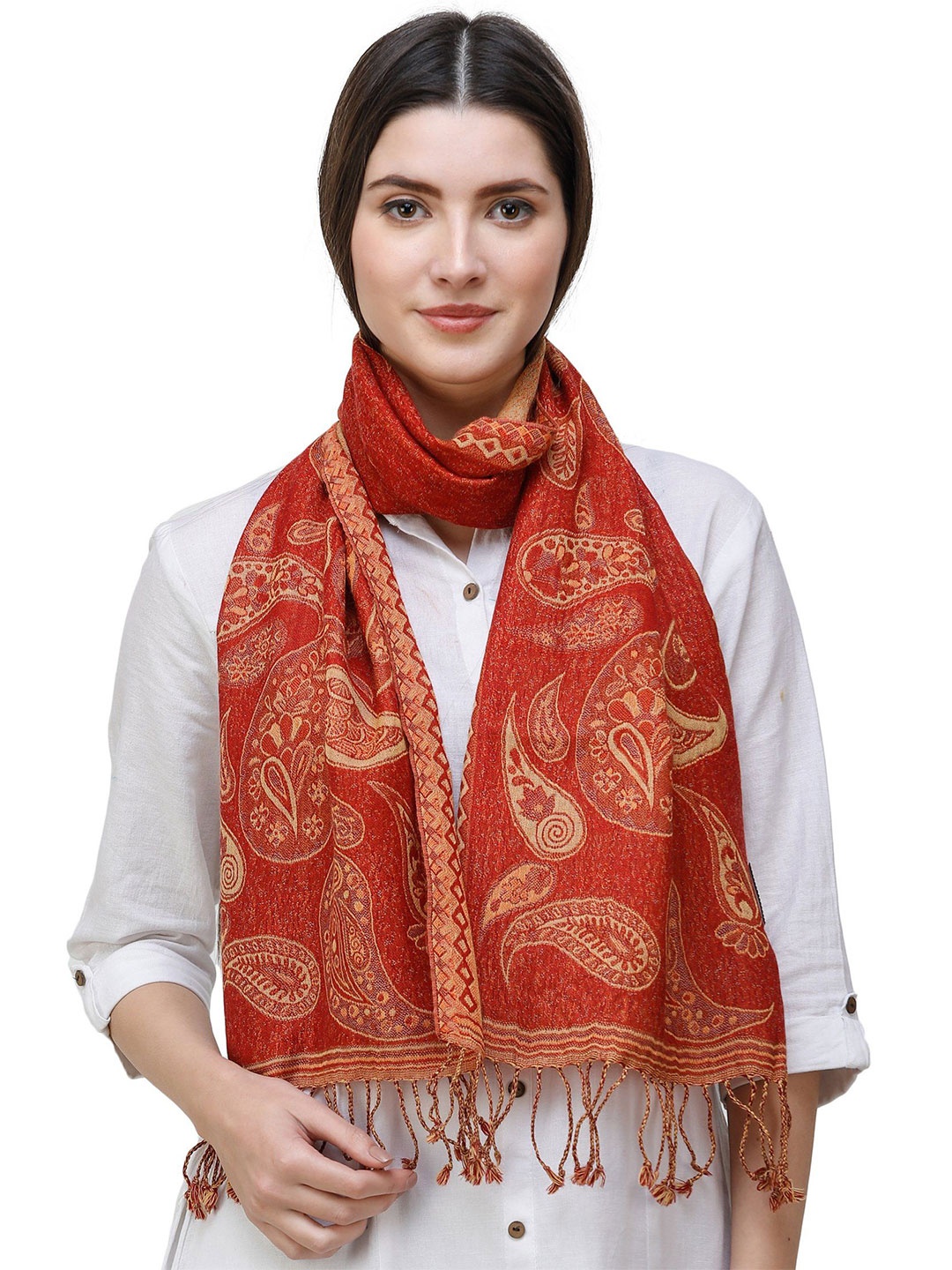 

Exotic India Tandori Spice Pure Wool Reversible Jamawar Scarf with Woven Paisley, Orange