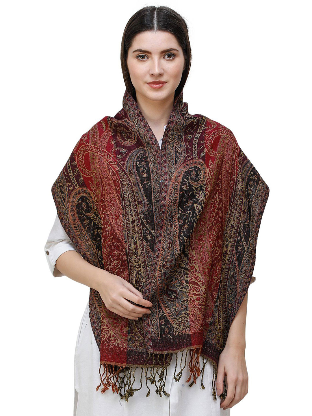 

Exotic India Windsor Wine Pure Wool Reversible Jamawar Scarf with Woven Paisleys, Maroon