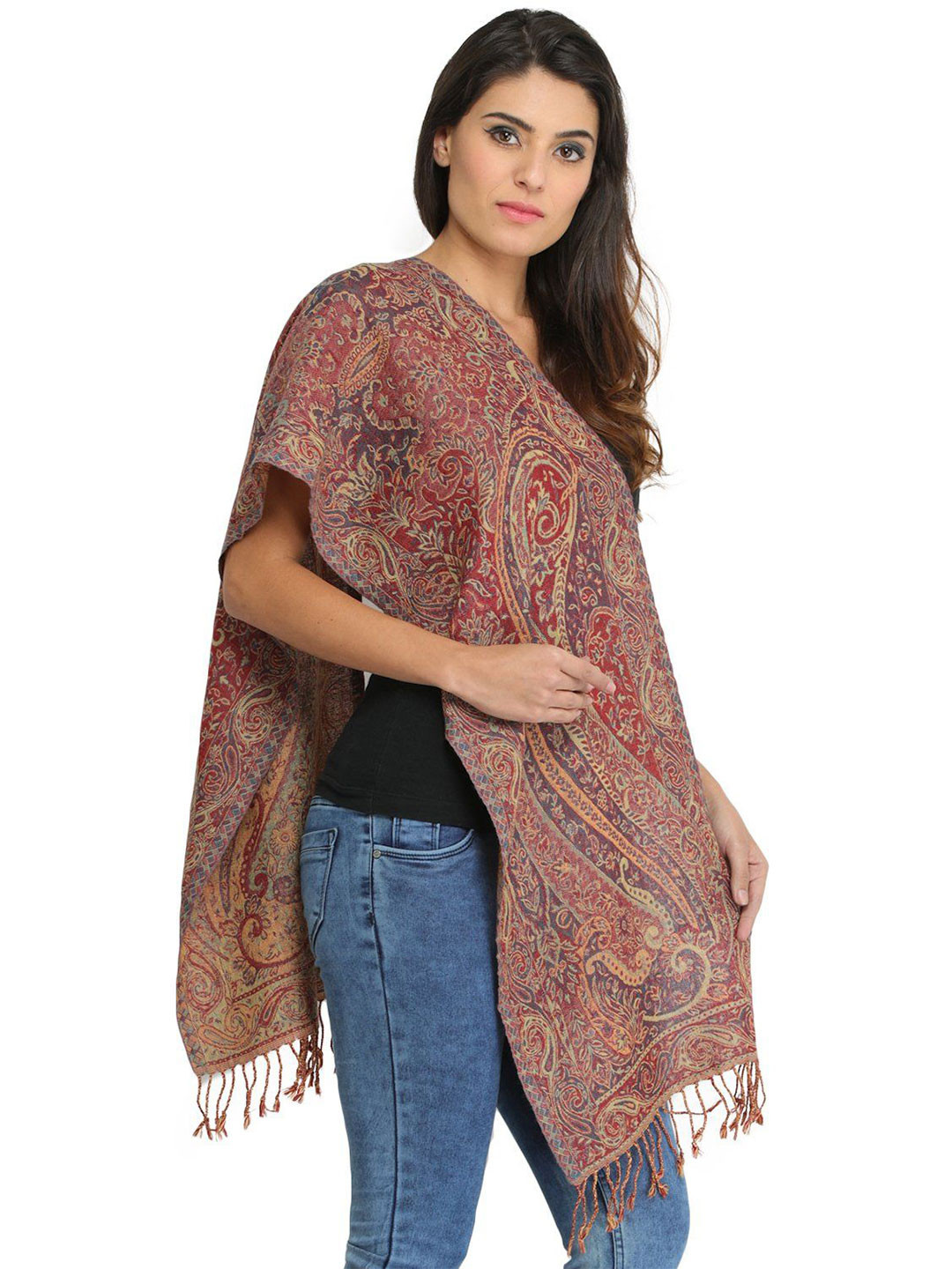 

Exotic India Yellow & Red Pure Wool Reversible Jamawar Scarf with Woven Paisleys