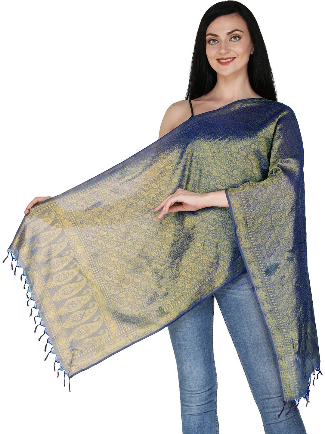 

Exotic India Dazzling Blue Pure Silk All-Over Tanchoi Weave Banarasi Handloom Scarf