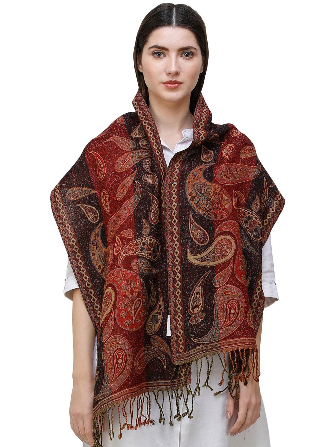 

Exotic India Garnet Pure Wool Reversible Jamawar Scarf with Woven Paisleys, Maroon