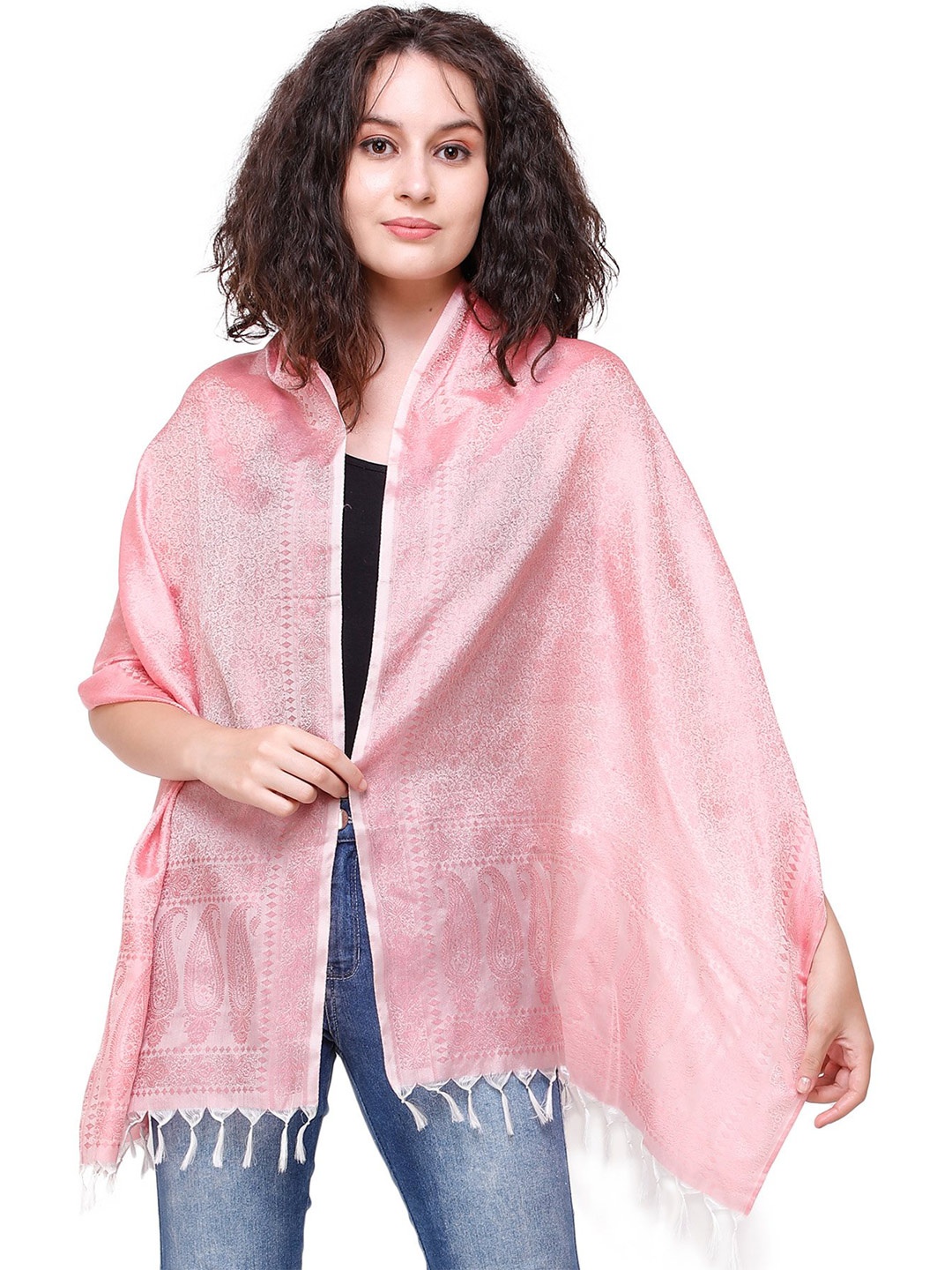 

Exotic India Women Embroidered Scarf, Pink