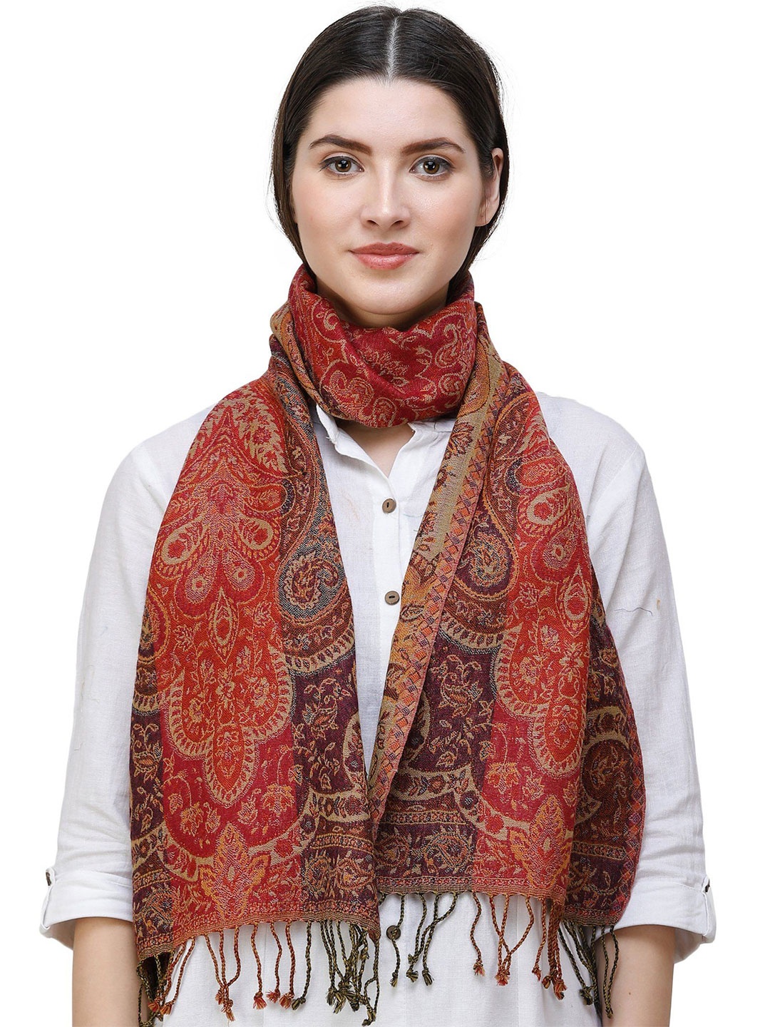 

Exotic India Cayenne Pure Wool Reversible Jamawar Scarf with Woven Paisleys, Maroon