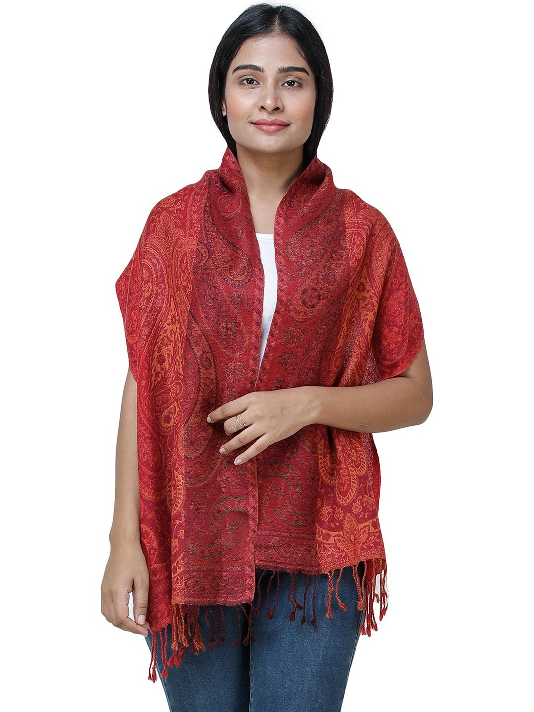 

Exotic India High Risk Red Pure Wool Reversible Jamawar Scarf with Woven Paisley