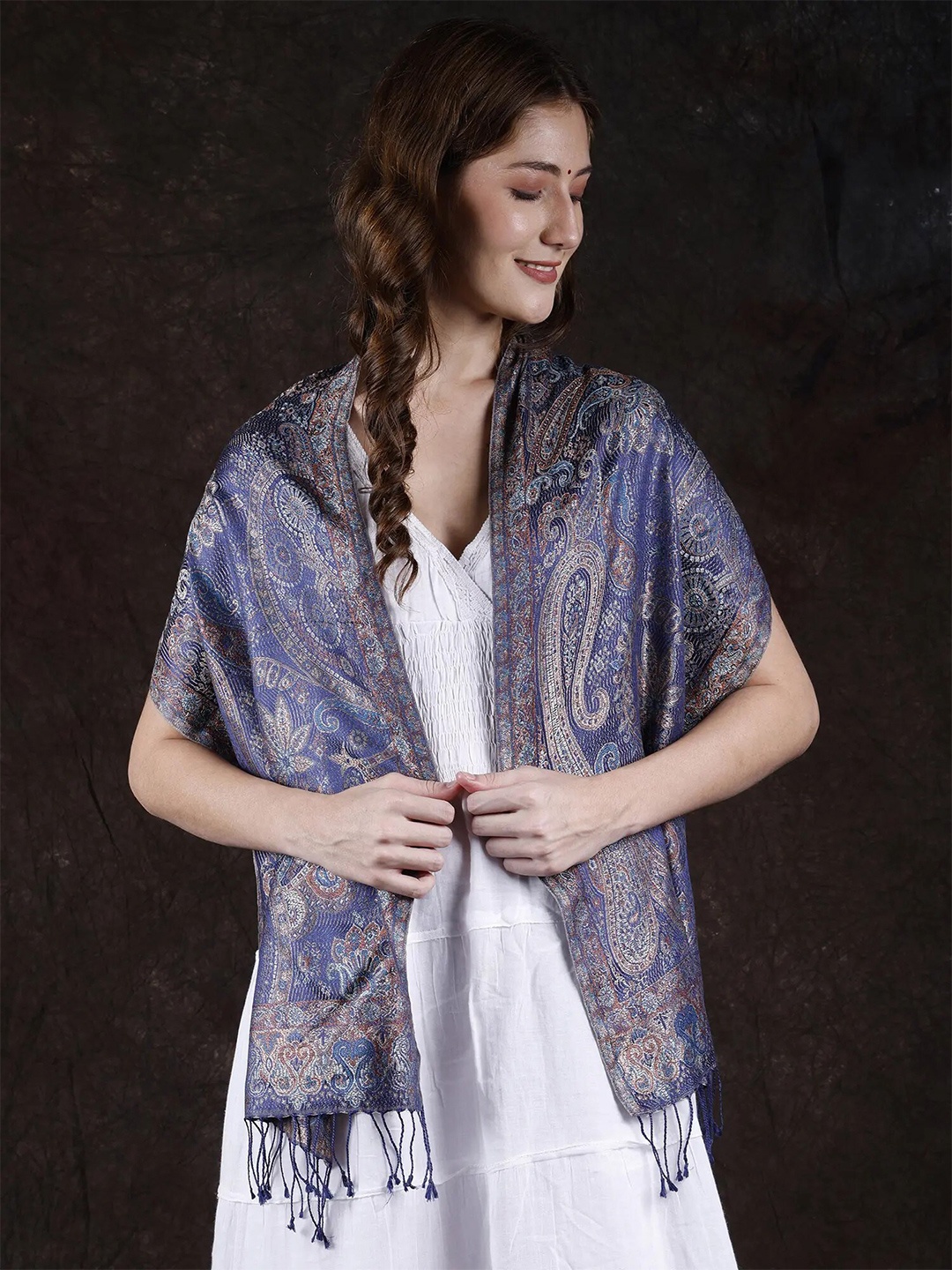 

Exotic India Blue Ribbon Super-Silk Woven Paisleys Jamawar Scarf