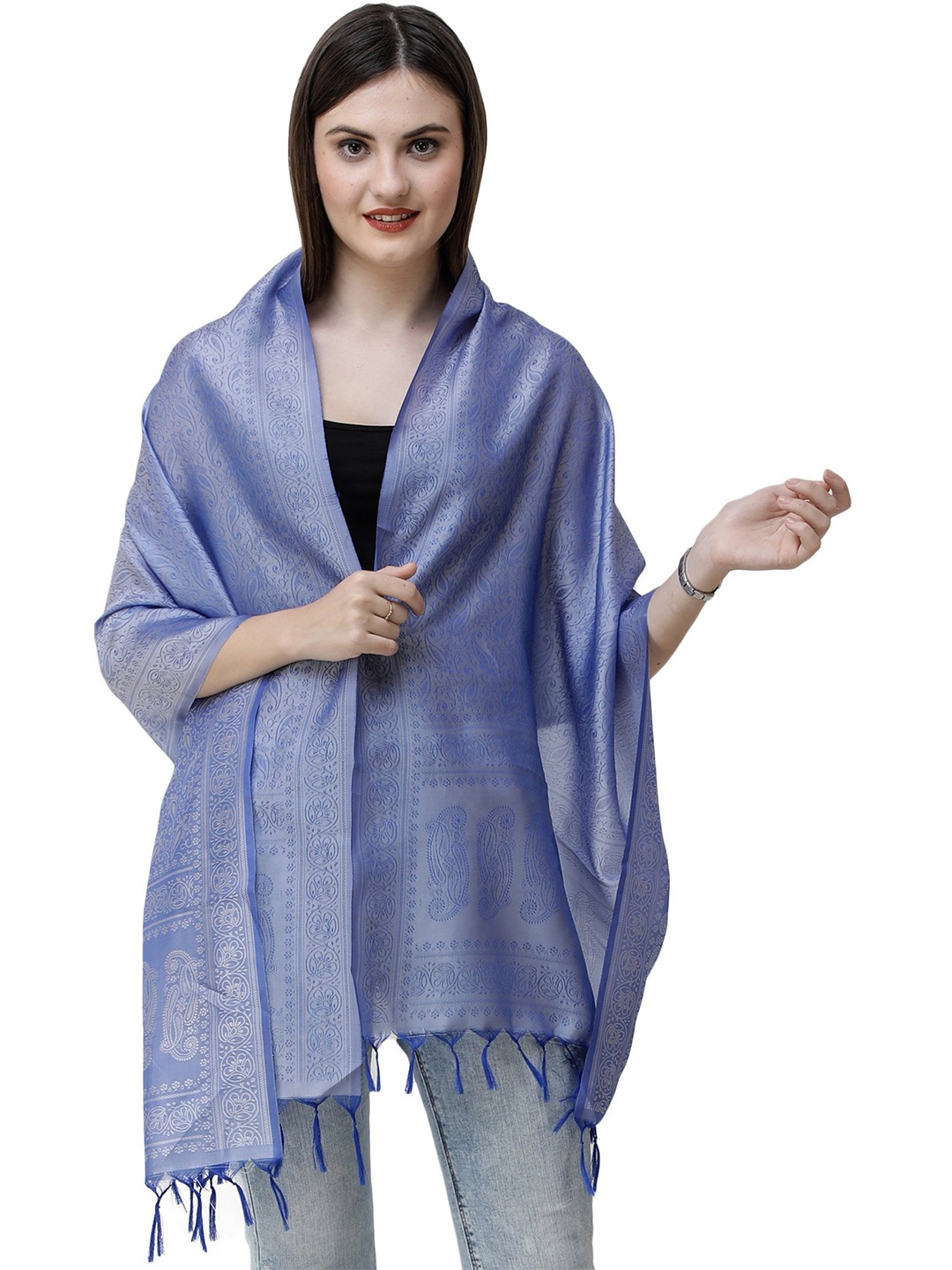 

Exotic India Grape Mist Tanchoi weave Art Silk Banarasi Scarf, Blue