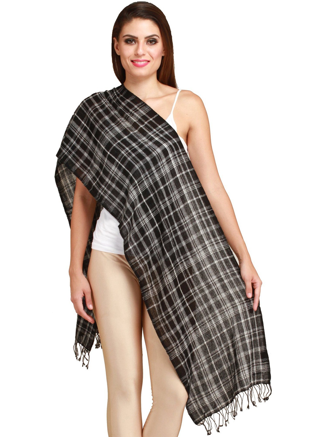 

Exotic India Jet Black Checks Woven Cashmere Scarf