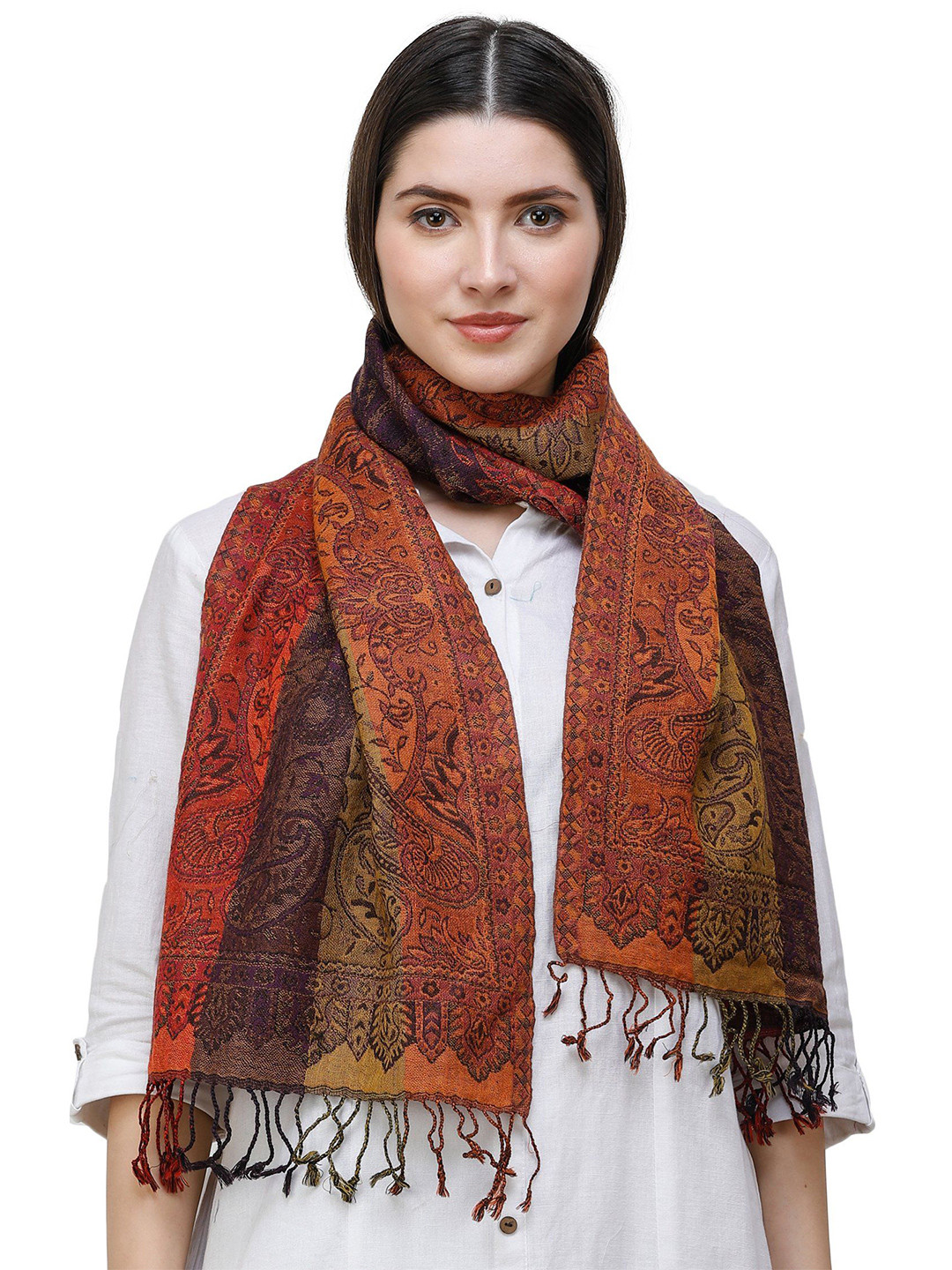 

Exotic India Antelope Pure Wool Reversible Jamawar Scarf with Woven Paisleys, Maroon