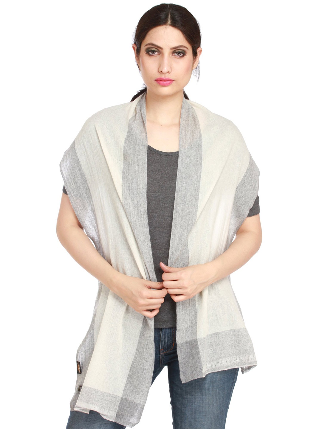

Exotic India Ivory Plain Pure Cashmere Wool Scarf with Solid Border, Off white