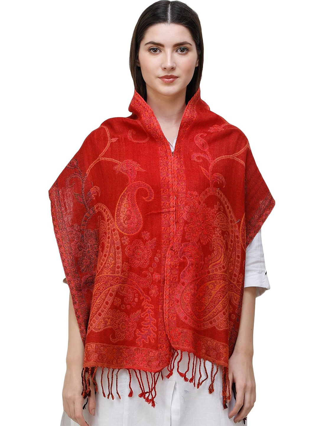 

Exotic India Tomato Pure Wool Reversible Jamawar Scarf with Woven Paisleys, Red