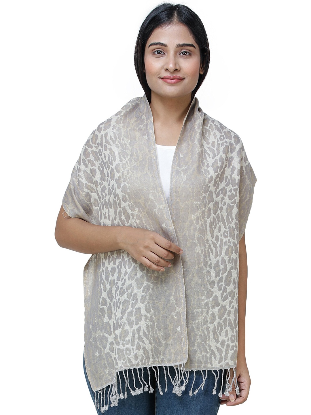 

Exotic India Snow Leopard Pure Wool Reversible Jamawar Scarf with Woven Paisleys, Grey