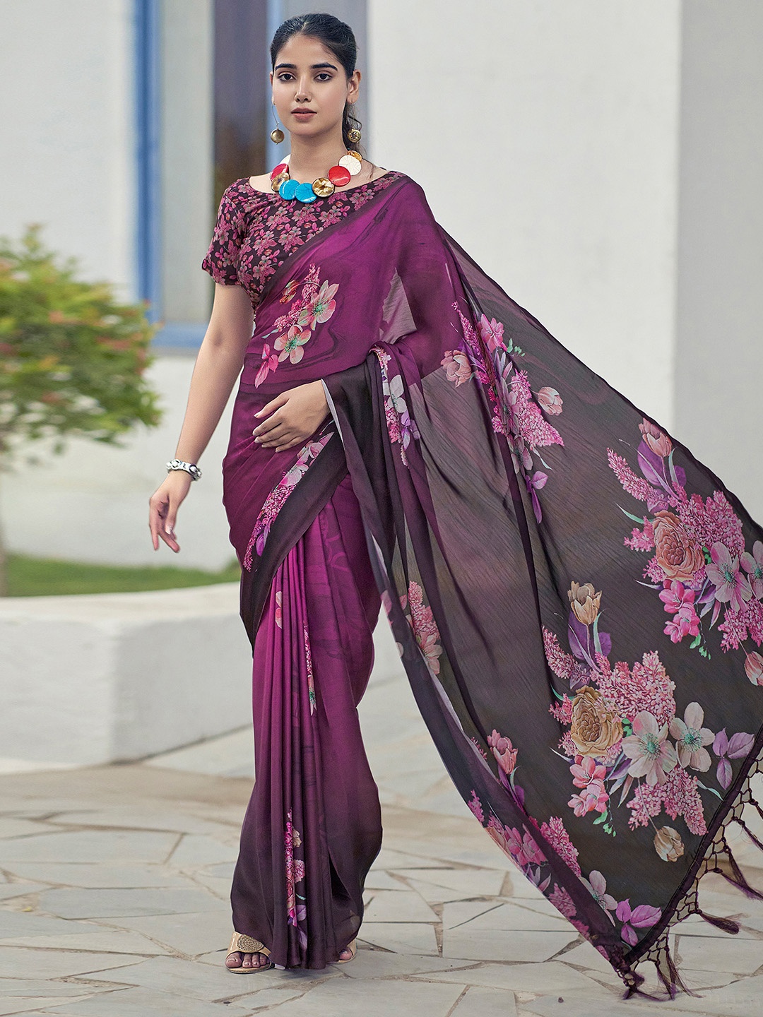 

Satrani Floral Satin Saree, Purple