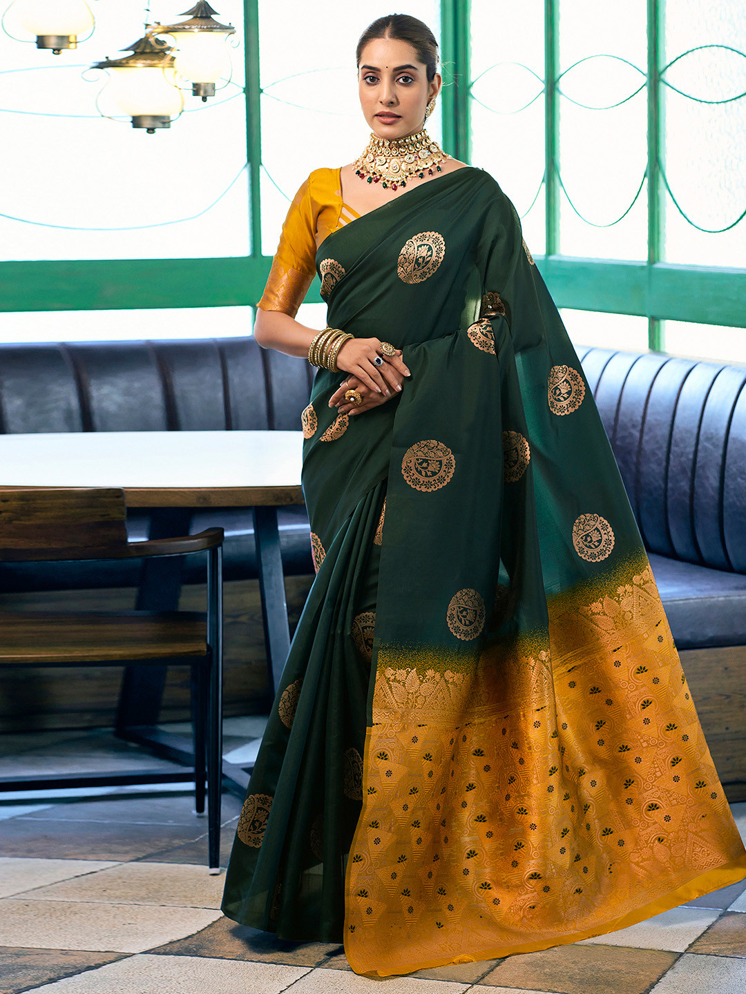 

Satrani Woven Design Zari Banarasi Saree, Green