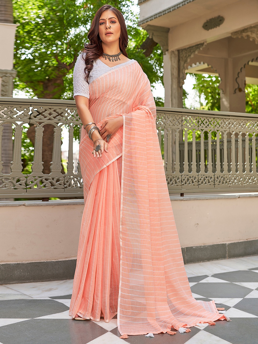 

KALINI Striped Saree, Peach