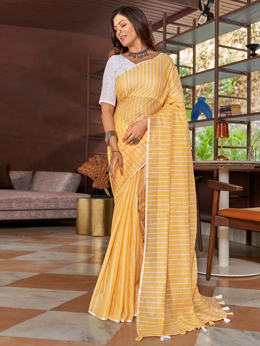 

KALINI Striped Saree With Blouse Piece, Yellow