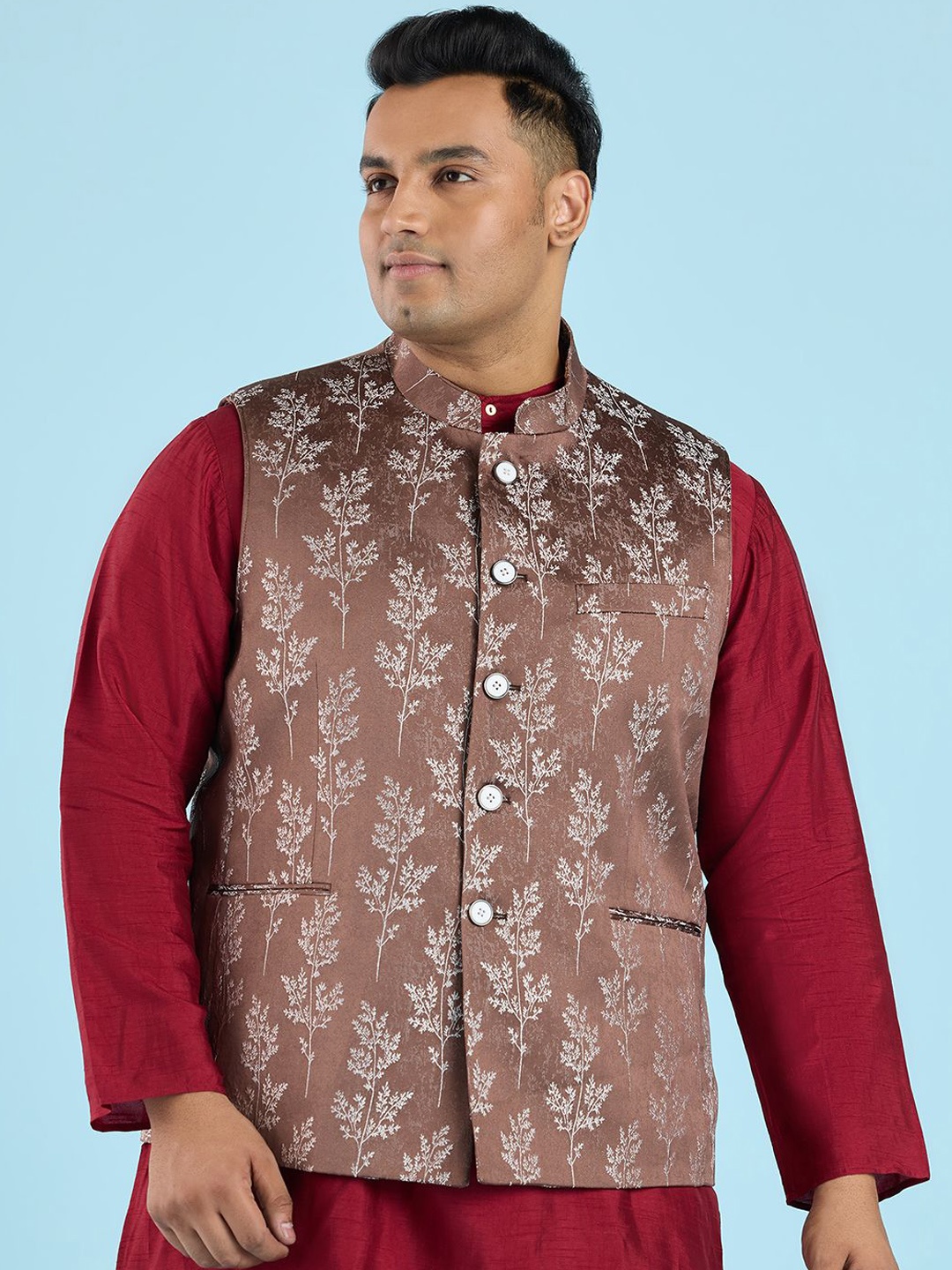 

Big Hello - The Plus Life Men Printed Nehru Jacket, Brown