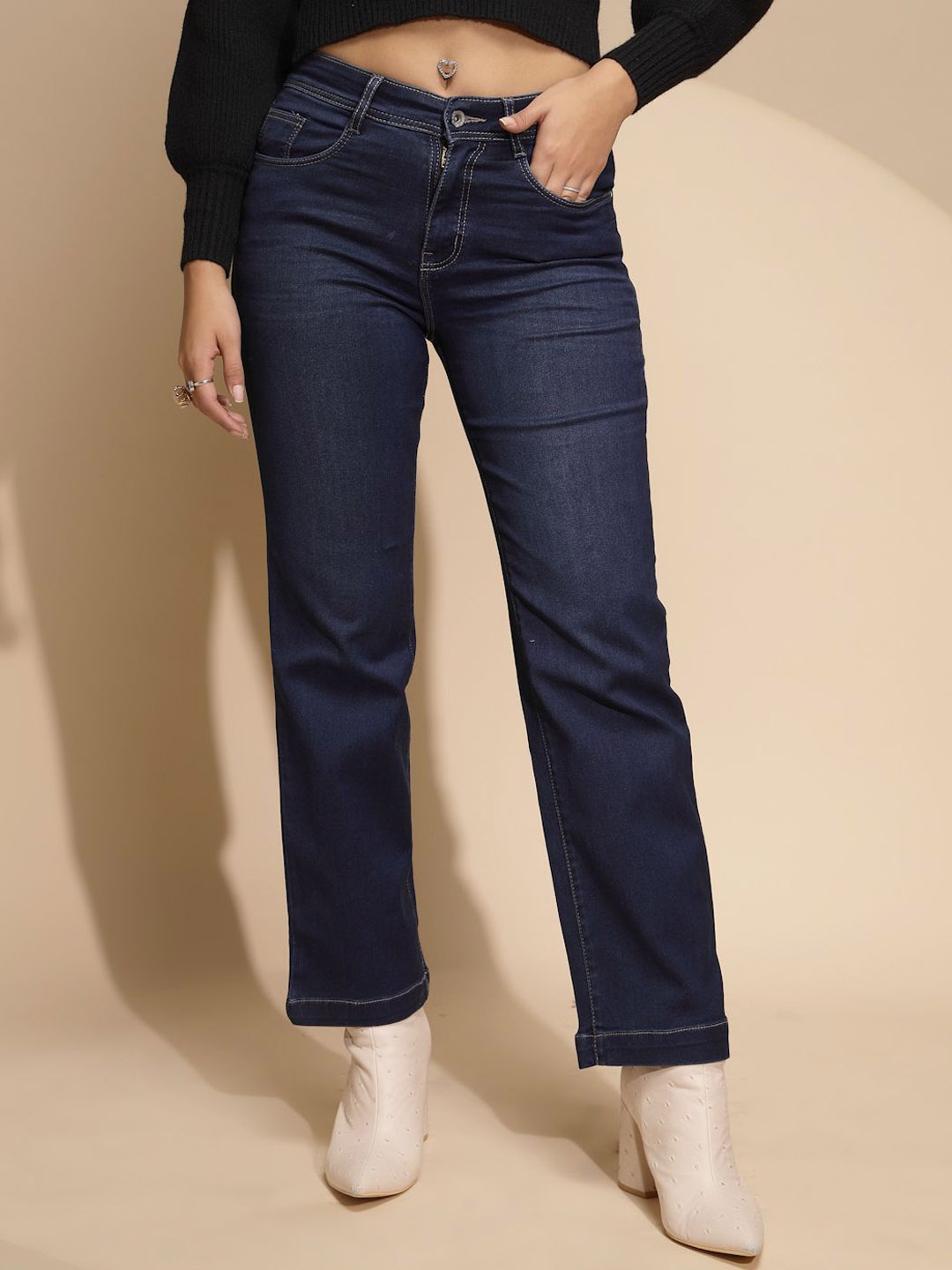 

Global Republic Women Comfort Straight Fit Low Distress Stretchable Jeans, Blue