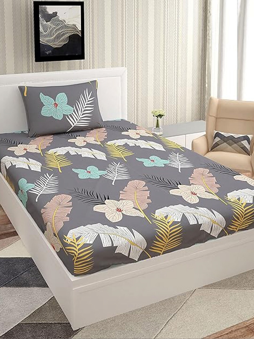 

Lunar Days Grey & Green Floral Cotton 140 TC Single Bedsheet with 1 Pillow Covers