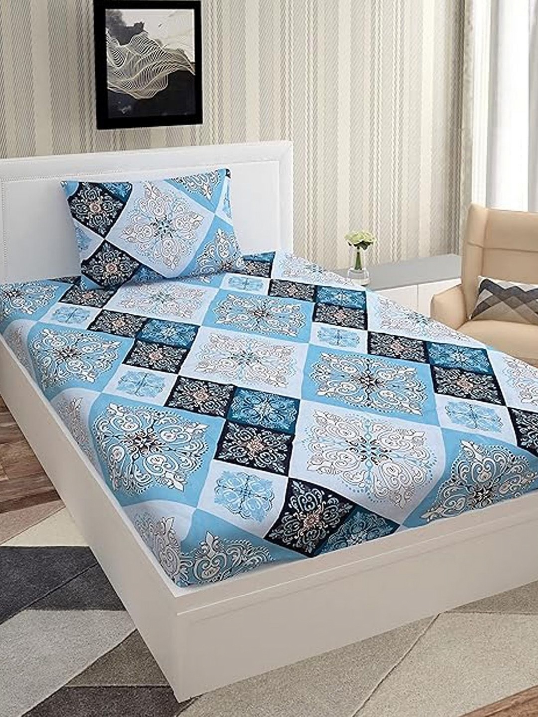 

Lunar Days Blue & White Floral 140 TC Cotton Queen Bedsheet with 2 Pillow Covers