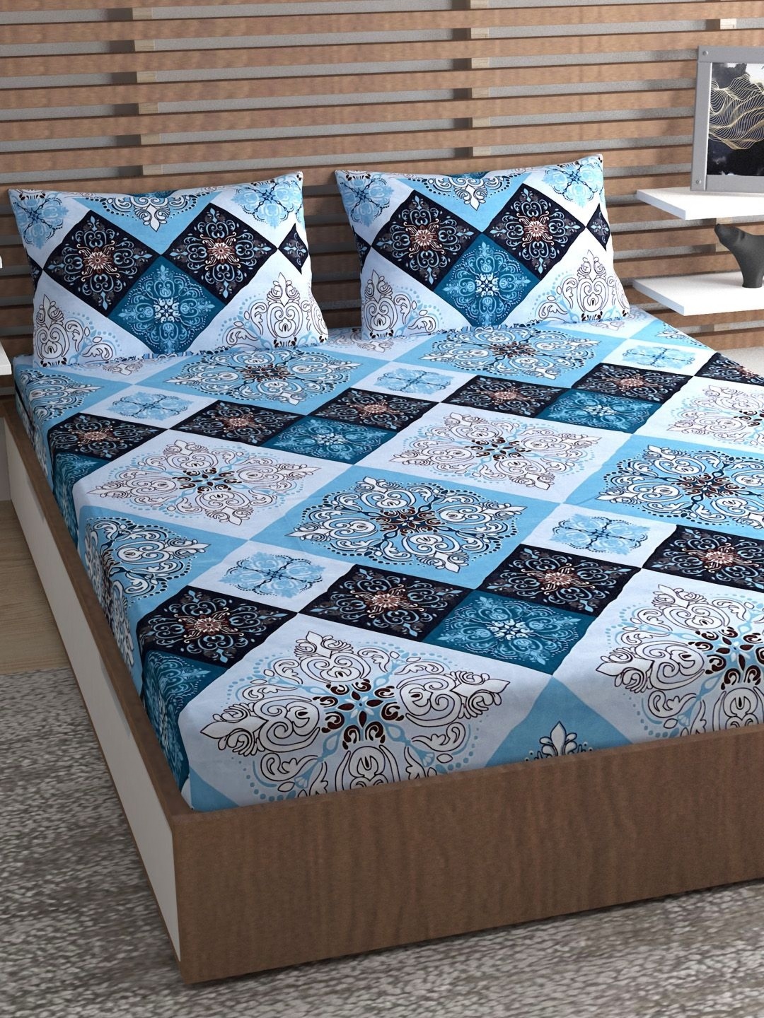 

Lunar Days Blue Floral 140 TC Cotton Queen Bedsheet with 2 Pillow Covers
