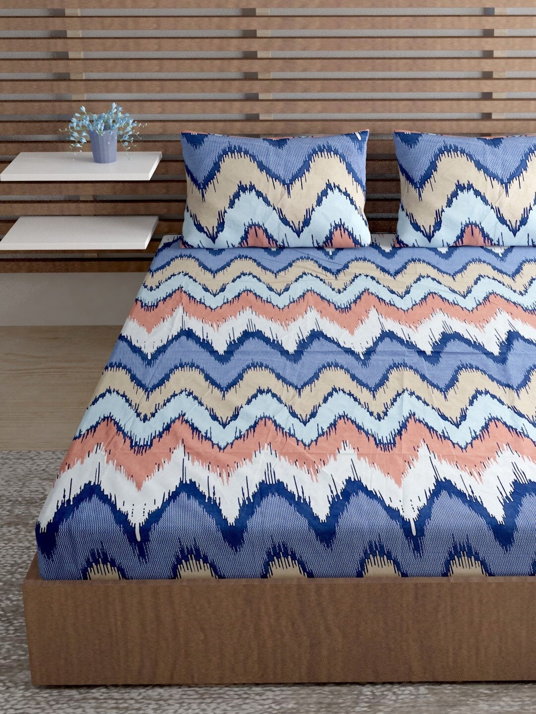 

Lunar Days Blue & White Geometric 140 TC Cotton Queen Bedsheet with 2 Pillow Covers