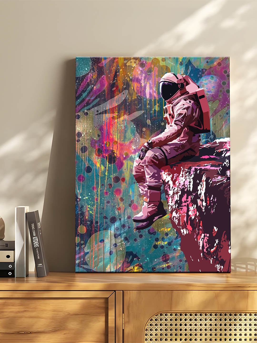 

Art Street Pink & Blue 1 Piece Canvas Space Astronaut Sitting Graffiti Wall Art