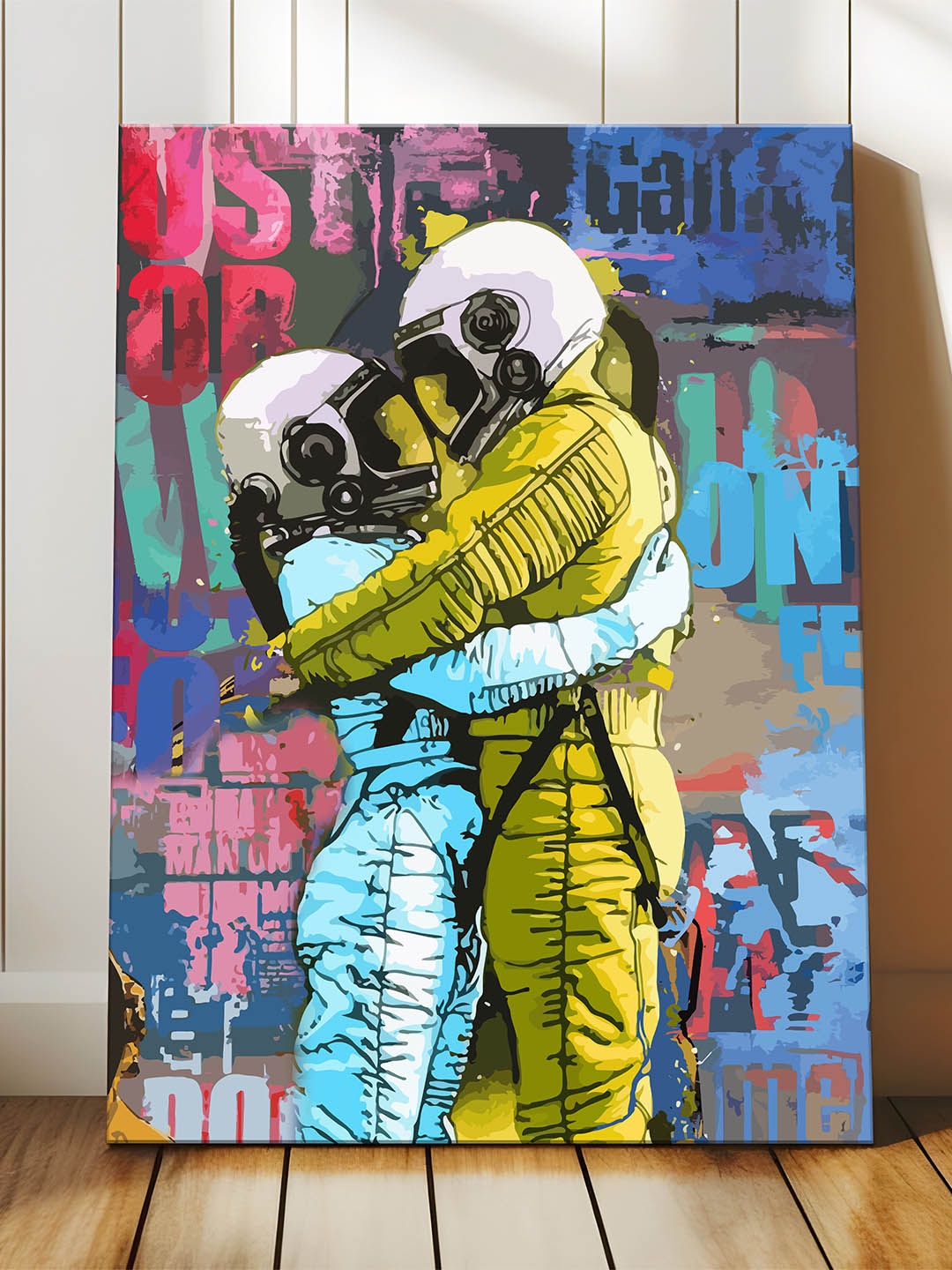 

Art Street Lime Green & Blue Canvas Astronaut Couple in Love Graffiti Wall Art