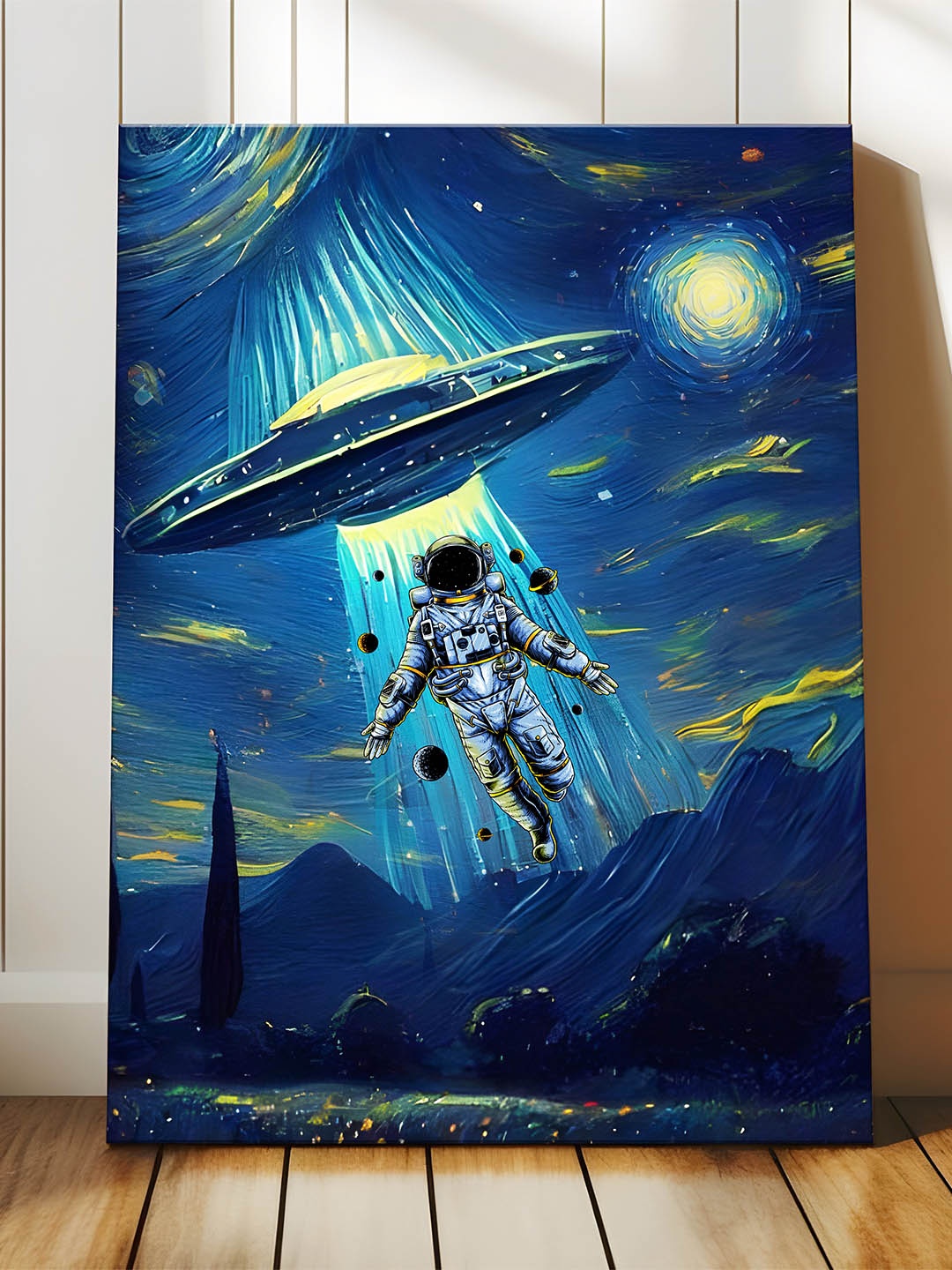 

Art Street Blue & Yellow Canvas Astronaut UFO Space Graffiti Wall Art