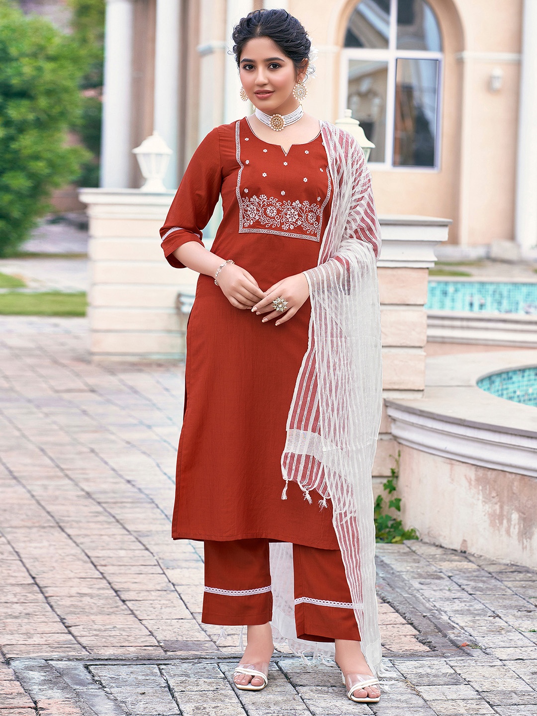 

SKYLEE Women Solid Embroidered Kurta with Trousers & Dupatta, Rust