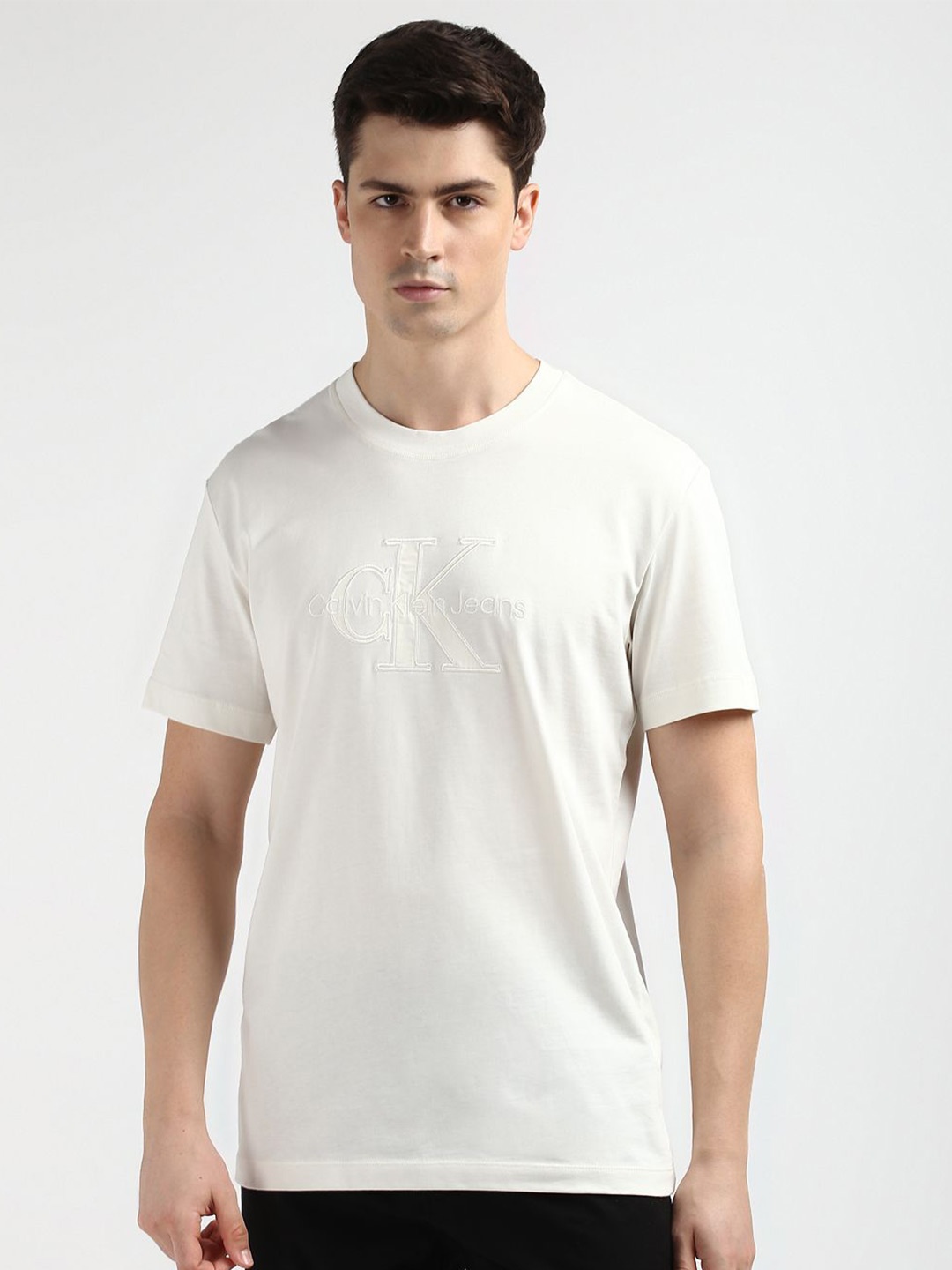 Calvin Klein Men Round Neck Solid T-shirt, Beige