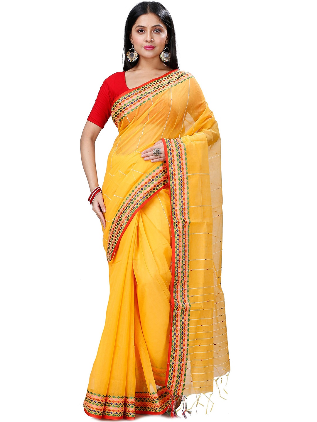 

DipDiya Striped Zari Pure Cotton Taant Saree, Yellow