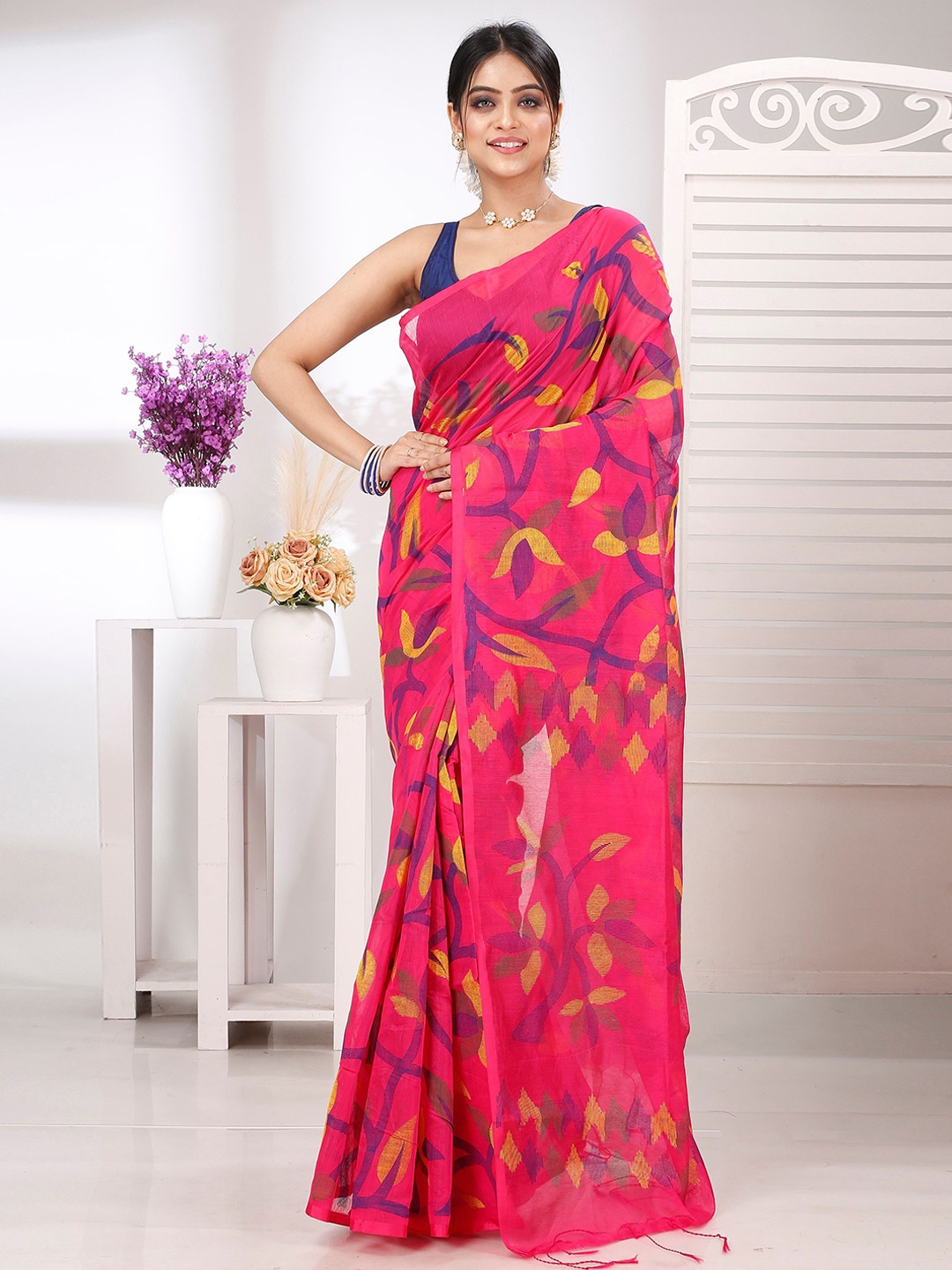 

DipDiya Woven Design Pure Cotton Taant Saree, Purple