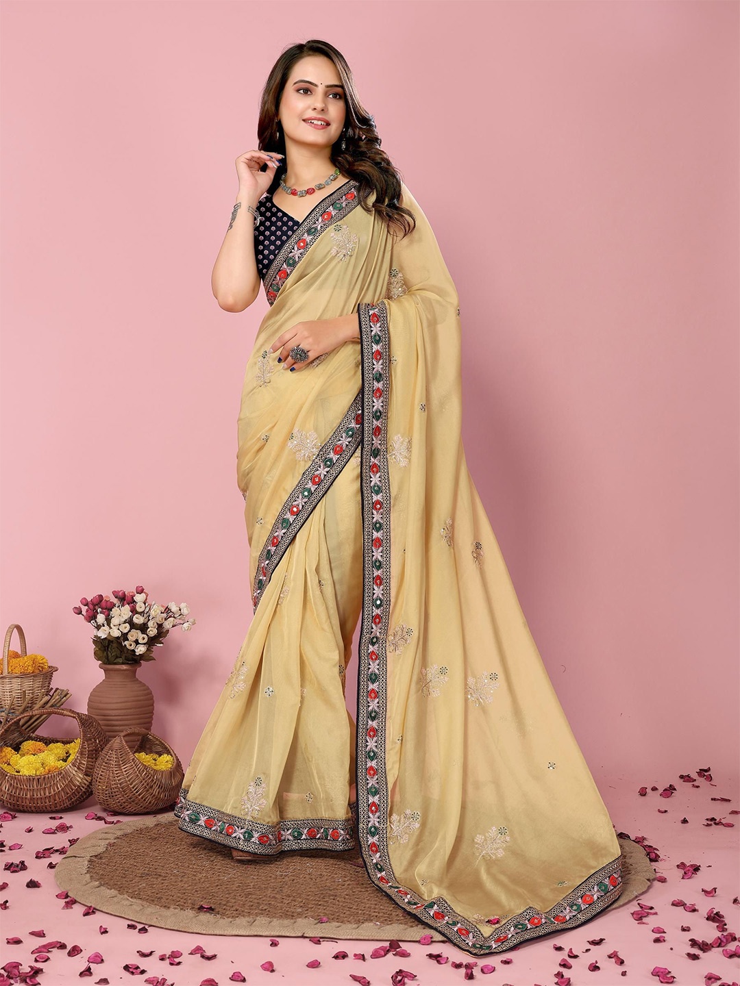 

VAIRAGEE Floral Embroidered Organza Saree, Mustard