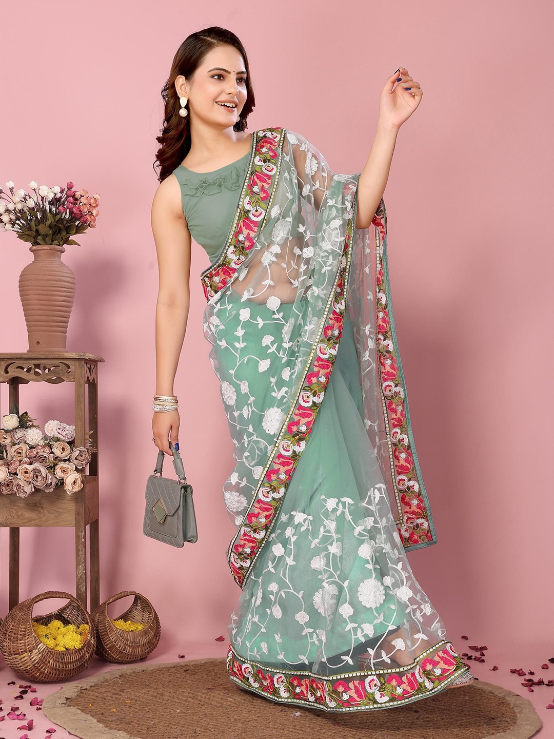 

VAIRAGEE Ethnic Motifs Embroidered Net Saree, Sea green