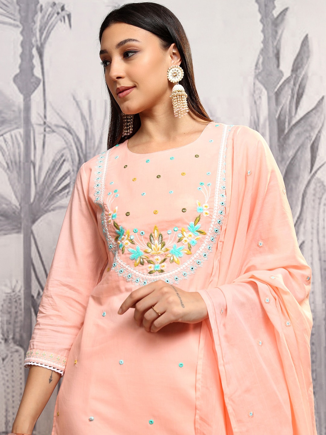 

Vishudh Women Embroidered Thread Work Pure Cotton Kurta with Trousers & With Dupatta, Peach