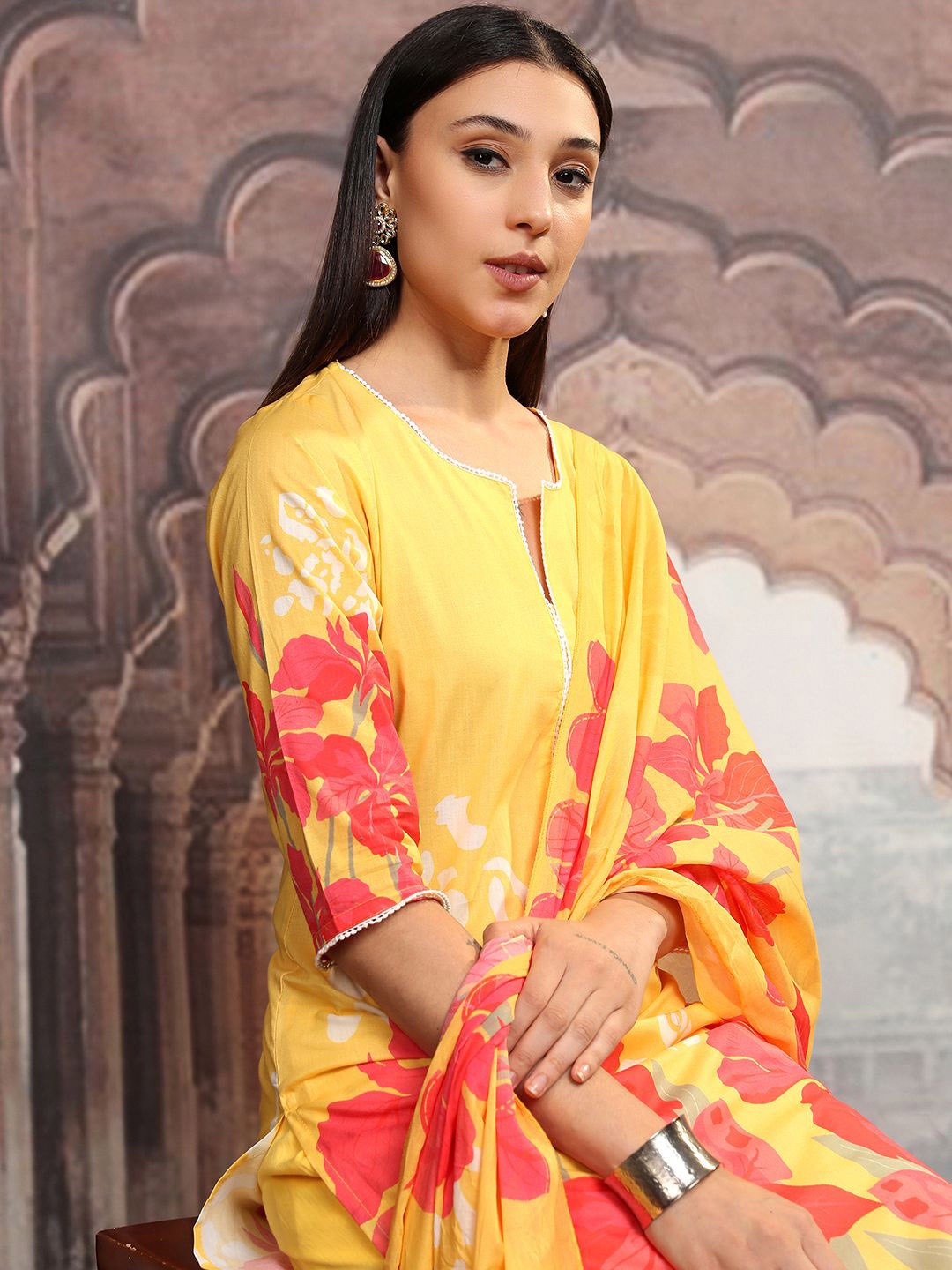 

Vishudh Women Floral Printed Regular Pure Cotton Kurta with Trousers & Dupatta, Yellow