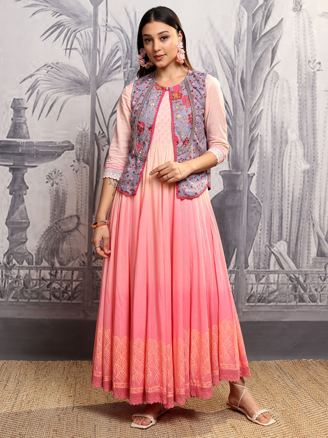 

Vishudh Round Neck 3/4th Sleeve Fit & Flare Ombre Ethnic Dress With Embellished Jacket, Peach