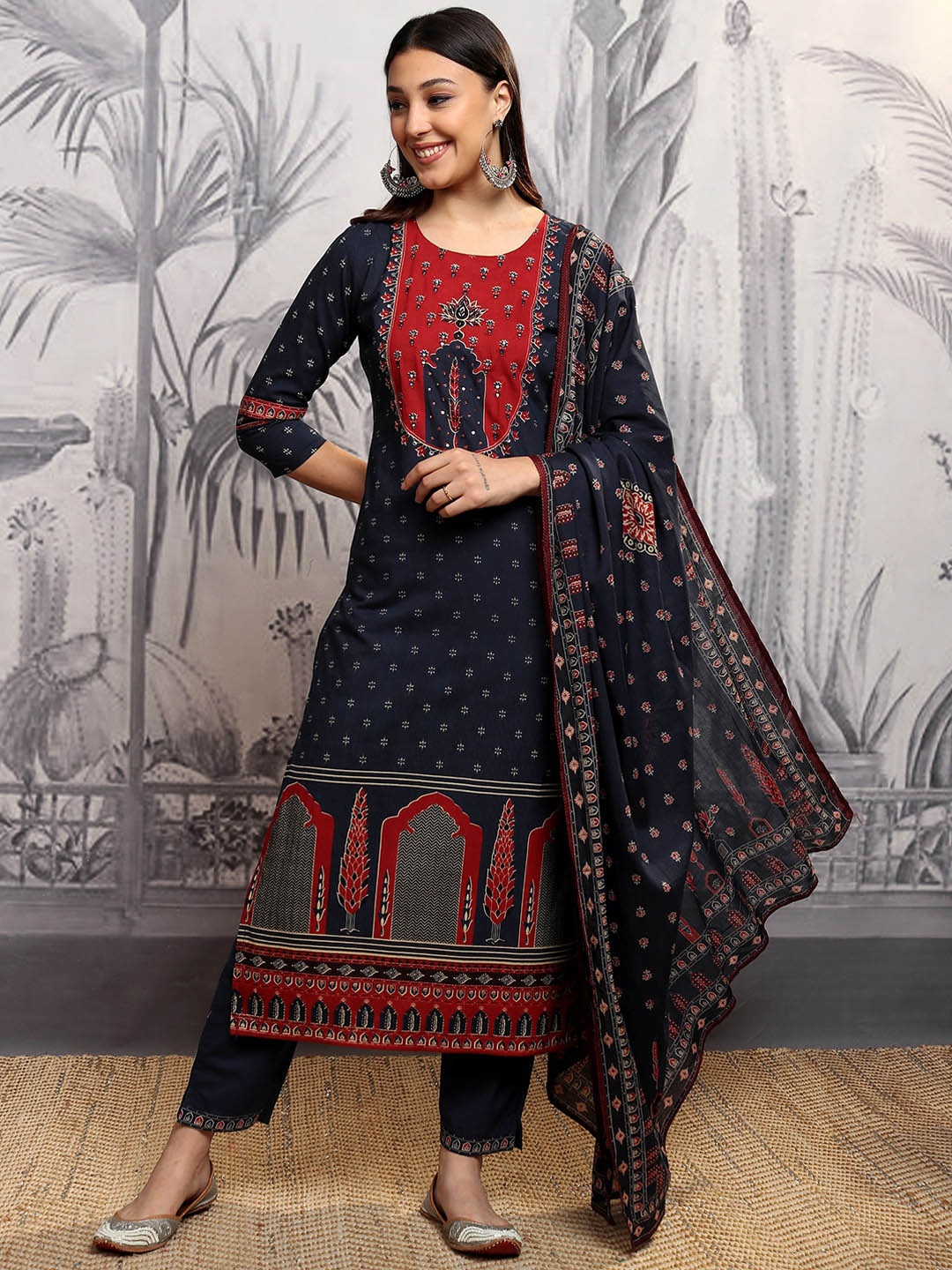 

Vishudh Women Ethnic Motifs Embroidered Mirror Work Pure Cotton Kurta Set, Blue