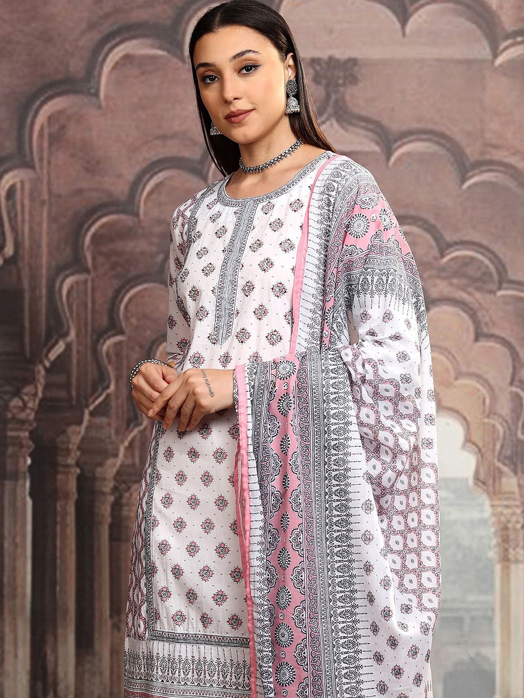 

Vishudh Women Ethnic Motifs Printed Regular Pure Cotton Kurta with Trousers & With Dupatta, White