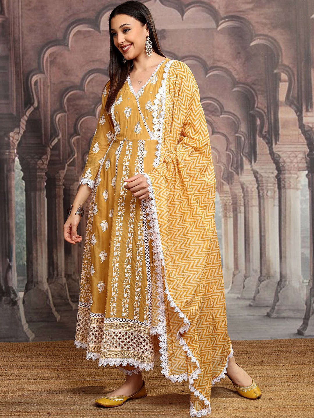 

Vishudh Women Embroidered Angrakha Pure Cotton Kurta with Trousers & With Dupatta, Beige