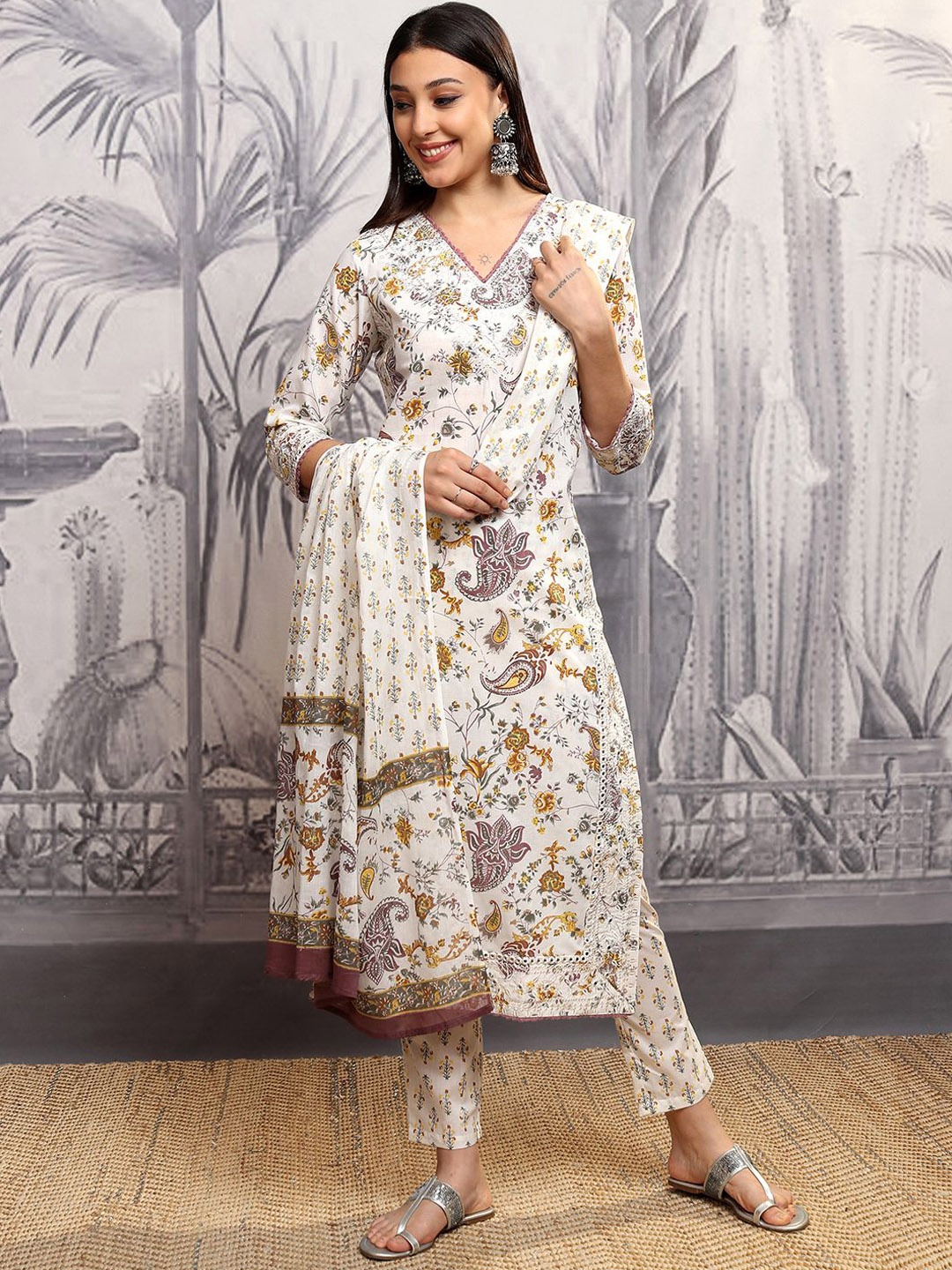 

Vishudh Women Ethnic Motifs Printed Regular Pure Cotton Kurta with Trousers & With Dupatta, Off white