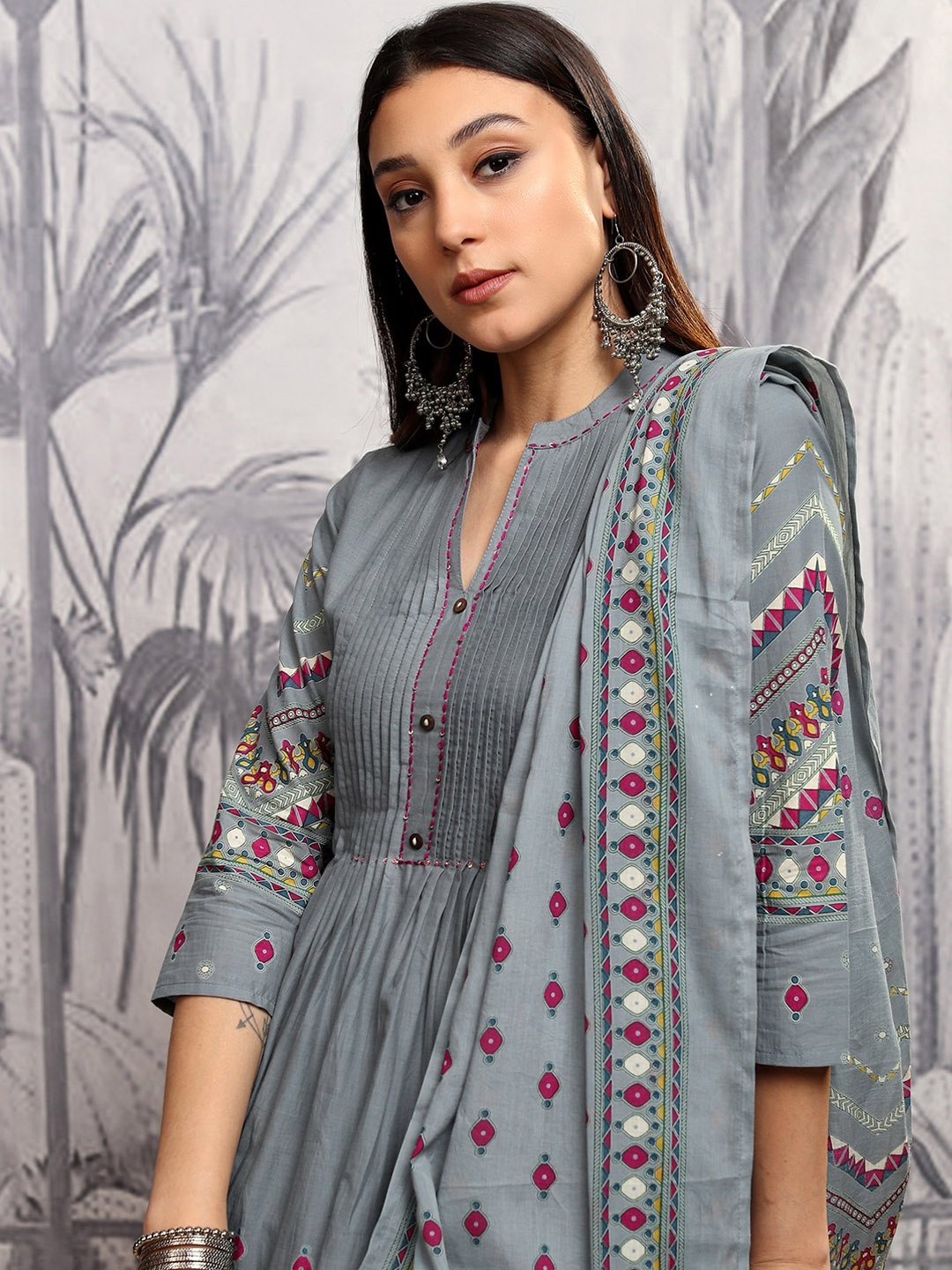 

Vishudh Women Printed Pleated Pure Cotton Kurta with Trousers & With Dupatta, Grey