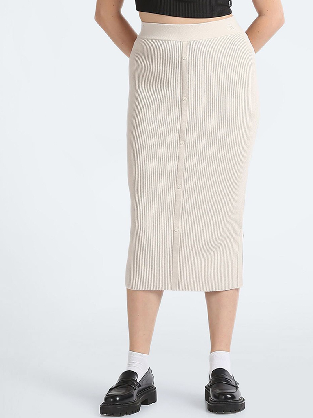 

Calvin Klein Cotton Straight Midi Skirts, Beige