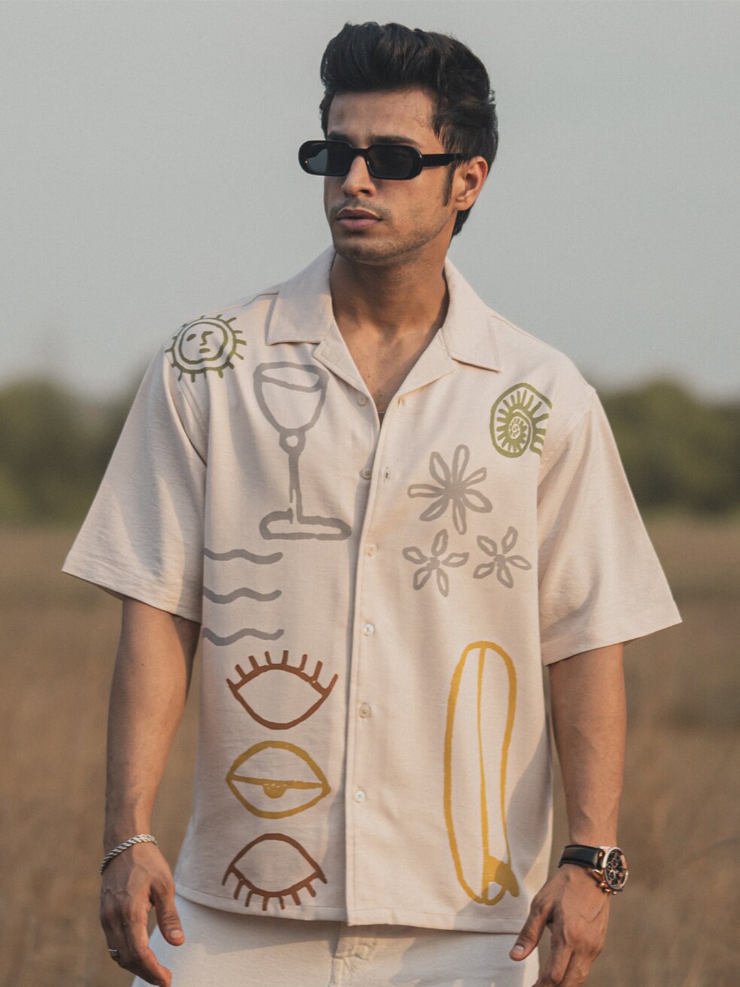 

Powerlook Men India Slim Printed Oversized Casual Shirt, Beige