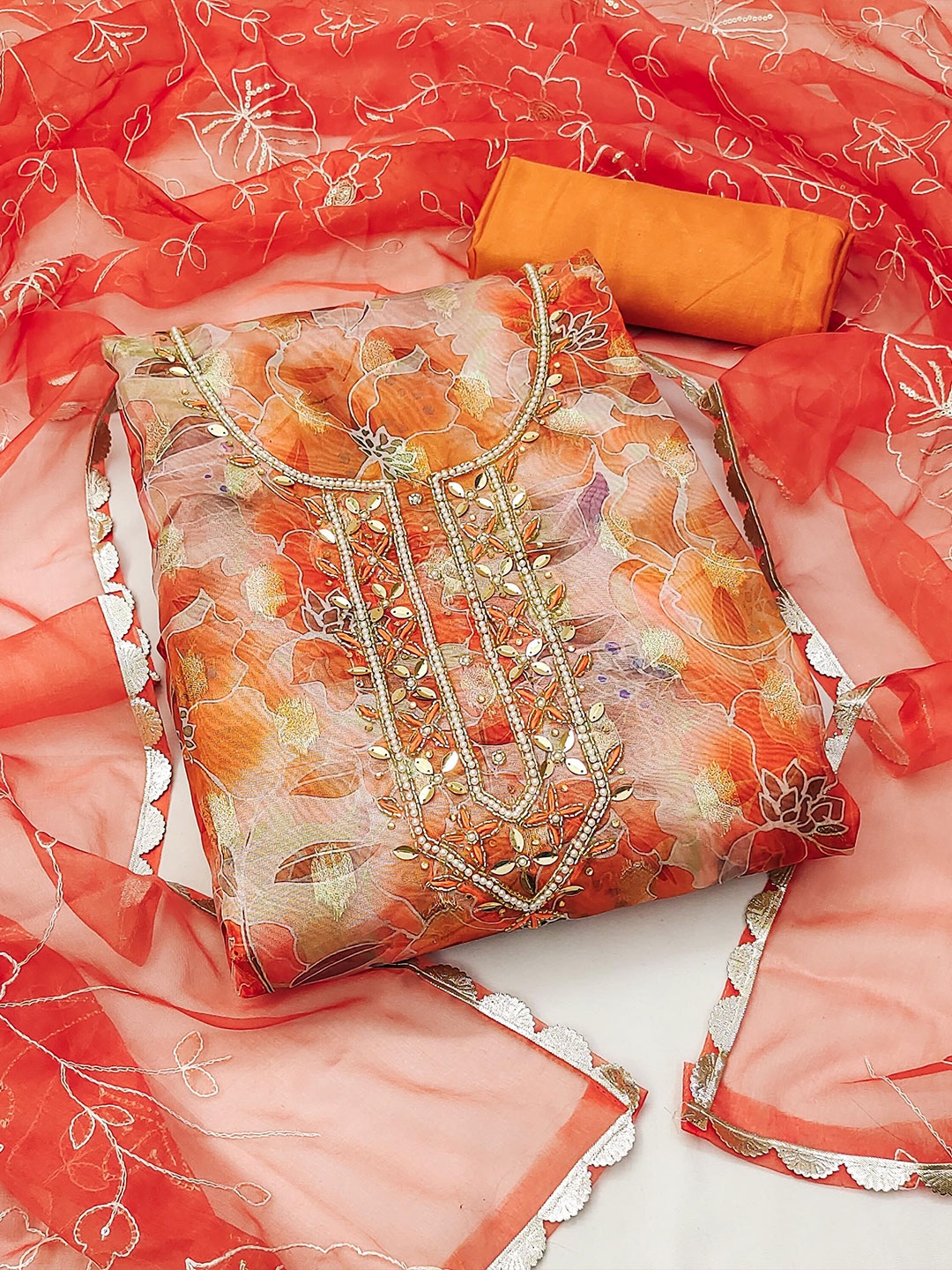 

KIMISHA Embellished Organza Unstitched Dress Material, Orange