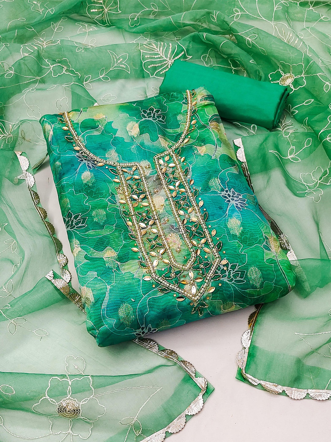 

KIMISHA Embellished Beads and Stones Unstitched Dress Material, Turquoise blue
