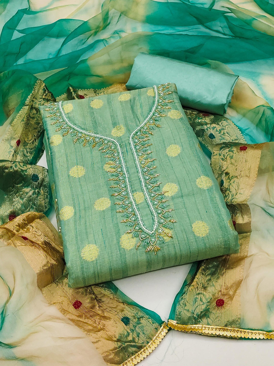 

KIMISHA Embellished Beads and Stones Unstitched Dress Material, Turquoise blue